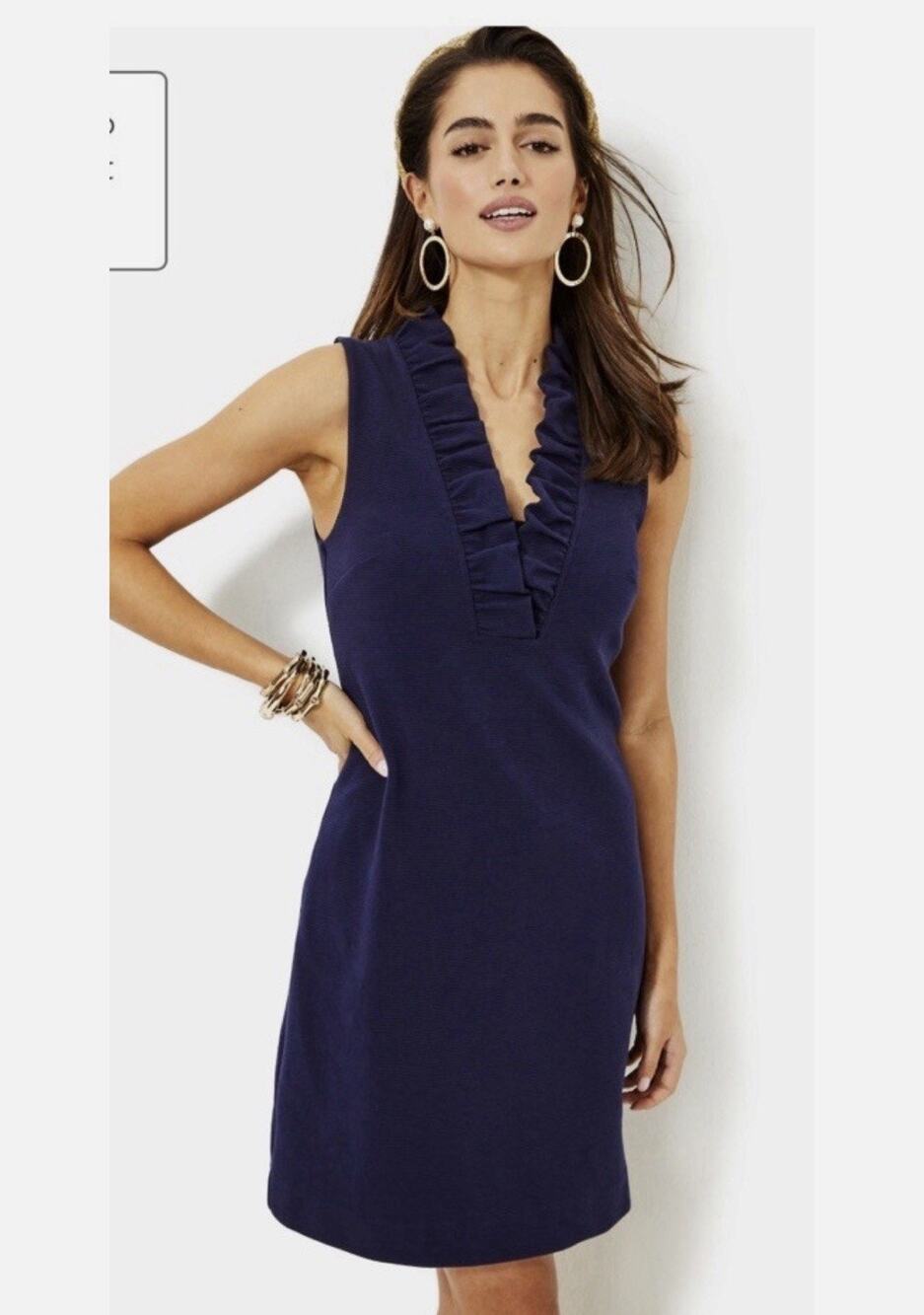Lilly Pulitzer Tisbury Shift Dress Size L True Navy Blue Ruffle V Neck NWT